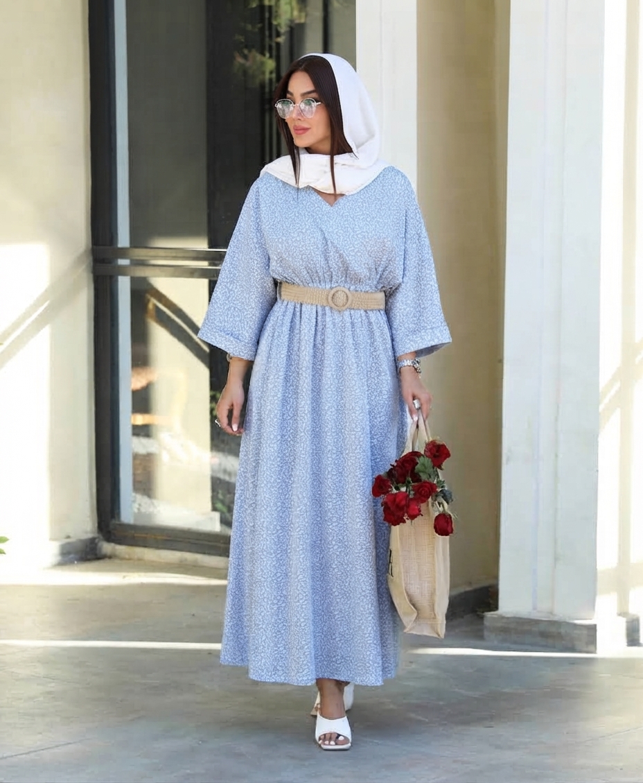 پیراهن گلدار زنانه تنسل نخ با کمربند | فری‌سایز